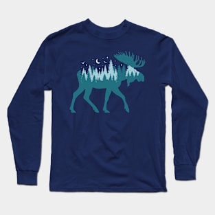 Moose Silhouette - Moose Wildlife Forest - Retro Moose Lover Long Sleeve T-Shirt